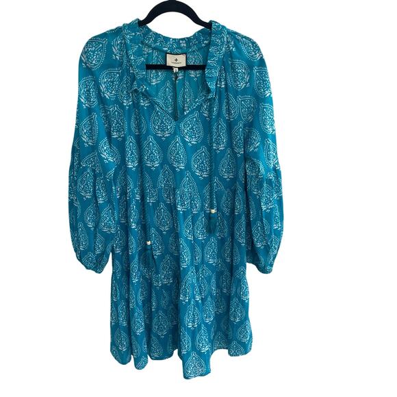 NWT Tuckernuck Tropical Teal Lantern Block Print Tie Neck Caftan Dress Large - Picture 1 of 7